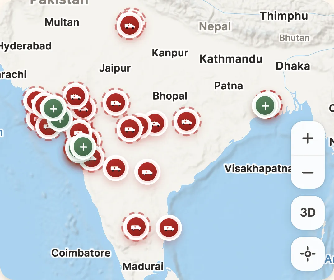 Live map of AlwaysCare ambulances and hospitals across India